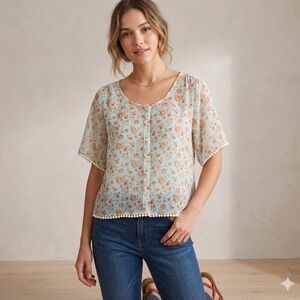 MUDD Floral Short Sleeve Sheer Blouse in Green